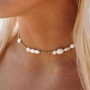 🌊 Atolea Mahini Pearl Choker Necklace blue gold beading gold chain water heat